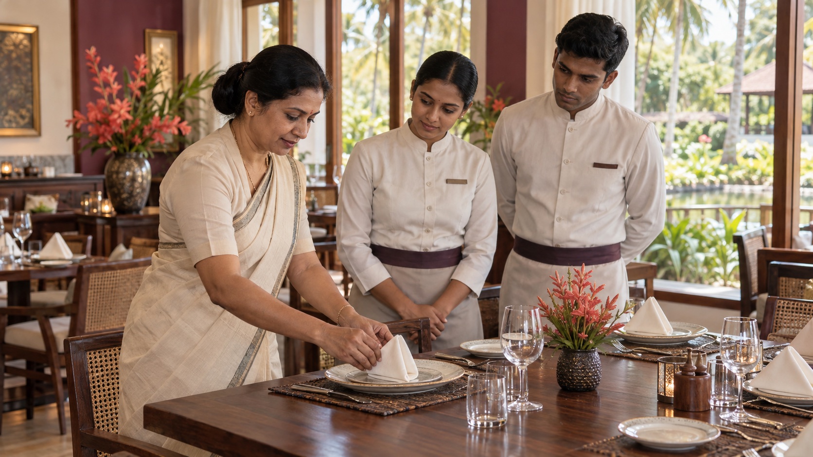Illustrative trainer guiding hospitality staff through a table setting